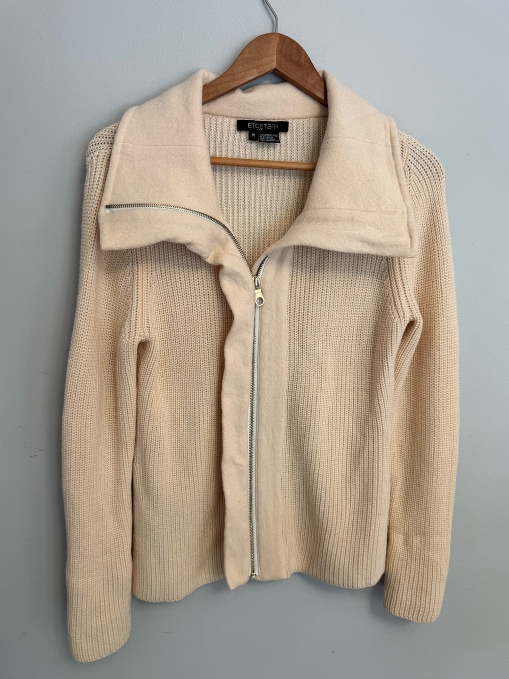Etcetera Merino Wool Zip Cardigan Y2K Cream Ribbed Medium